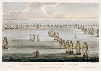 Inicio de la Batalla de Trafalgar, 21 de octubre de 1805, grabado por Thomas Sutherland para 